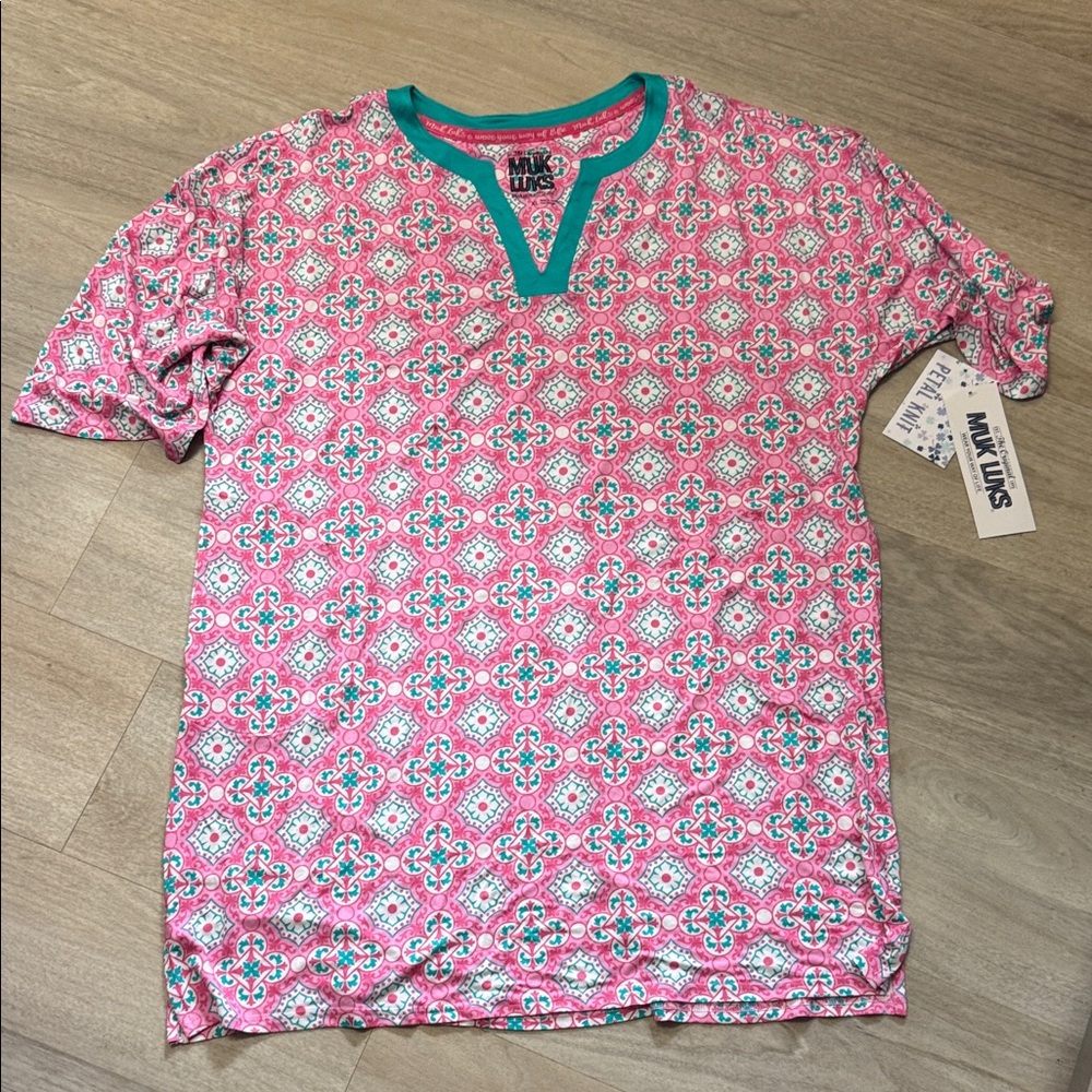 Muk Luks Pink Geometric Short Sleeve nightgown or Swim Coverup with Teal Trim